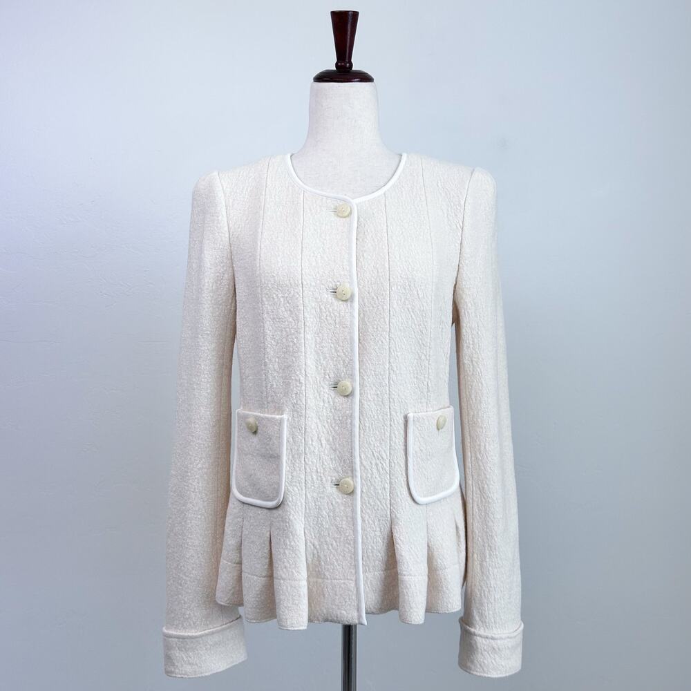 Anthropologie Elevenses Cream Pleated Peplum Collarless Francie Jacket SIZE 12